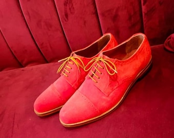 Zapatos Oxford de gamuza roja, hechos a mano, con cordones, zapatos de vestir llamativos, calzado único, idea de regalo.