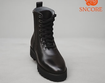 Black Leather Lace up combat boots Military Boots chunky sole Ankle boots