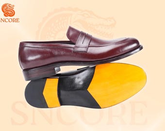 Men Leather Penny Loafers Classic Old Money Dress Shoes Burgundy Handmade shoes