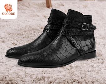 Handmade Crocodile Embossed Jodhpur Boots: Short Leather Riding Boots
