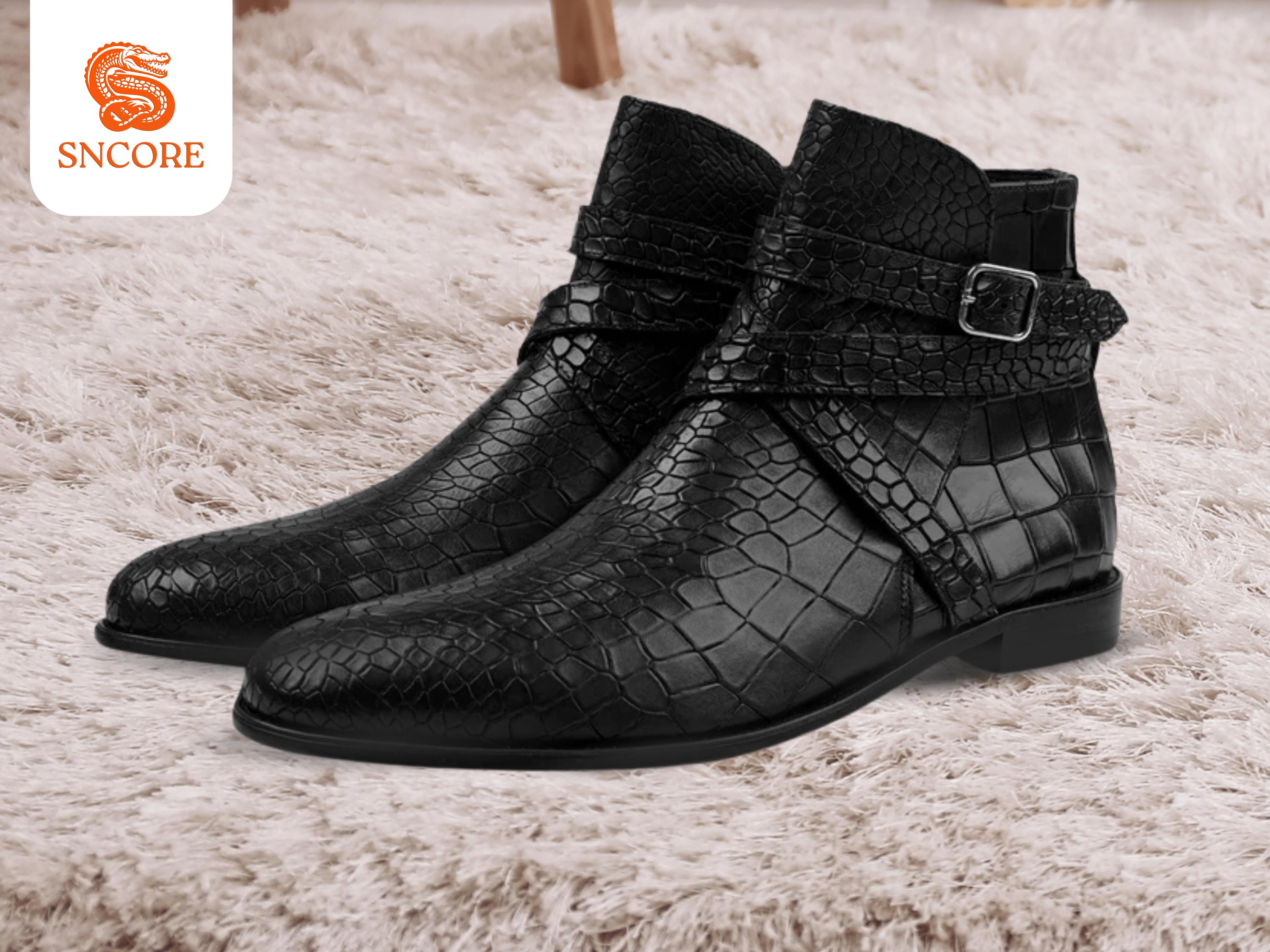 handmade black crocodile print leather jodhpur boot MENS Black Faux Crocodile Alligator Print LEATHER COWBOY  main image 2