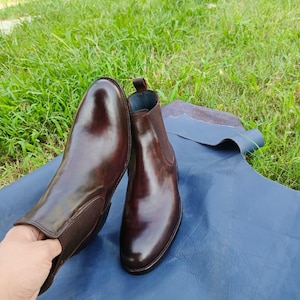 Handmade Leather Chelsea Boots: Unisex Dark Brown Ankle Boots Mirror shine shoes