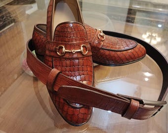 Leather Loafers Crocodile loafers Horse Bit Buckle tan loafers