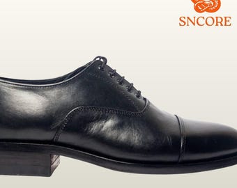 Handgefertigte Schwarze Leder Oxford Schuhe Klassische Abendschuhe