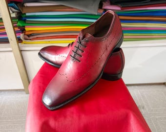 Handmade Red Leather whole cut Oxford Shoes Classic Brogue shoes