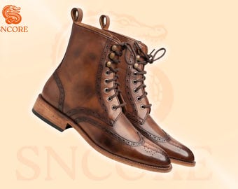 Leather boots lace up half long boots wing tip brogue brown boots best gift for him/her unisex boots