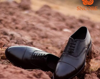 Handmade Black Leather Oxford Shoes Classic Dress Shoes