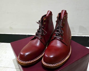 Botas Smoke Jumper de cuero hechas a mano, color burdeos, botines, construcción Goodyear Welt, botas blancas