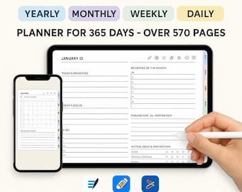 Digital Planner 2026 Yearly Monthly Weekly Daily | 570+ Pages Hyperlinked | iPad Tablet Goodnotes Notability