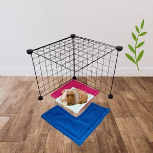 Peut inclure: Un coin de cage en grille métallique noire avec un cochon d'Inde brun et blanc reposant sur un tapis carré bleu clair et rose, accompagné d'un tapis bleu en forme de L, le tout présenté sur un sol en bois devant un mur blanc.