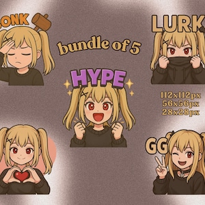 Twitch Emote Pack – Anime Girl, Misa, Blonde | GG, Bonk, Hype, Heart, Lurk | Custom PNG Emotes