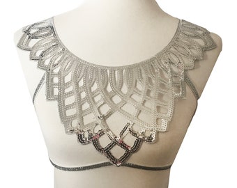 Sequin Silver Burst Harness Cage Bra Top