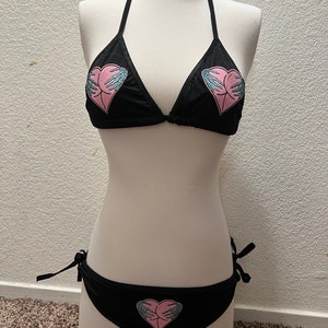 Pink & black skeleton hand heart gothic swimsuit bikini