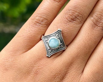 Larimar Ring in 925 Sterling Silver Setting | Vintage Blue Stone Statement Ring | Healing Crystal Gift for Her | Size 9