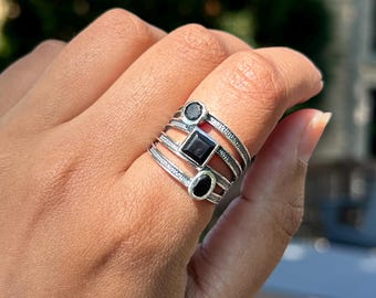 Black Onyx Ring in 925 Sterling Silver Setting: Minimalist Boho Gemstone Jewelry, Size 9