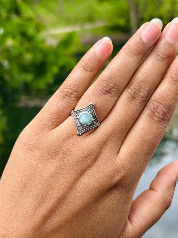 Two Stone Larimar Ring, Sterling Silver Ring for Women, Blue  Sterling Silver Larimar Statement Ring in Sky Blue main image 2