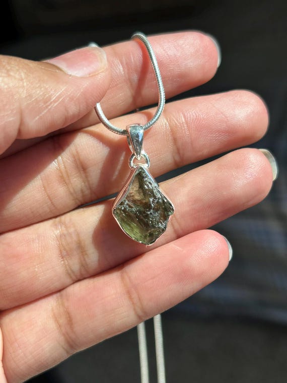 Authentic Raw Moldavite Pendant Necklace in 925 Sterling Silver Setting, High Vibration Healing Jewelry