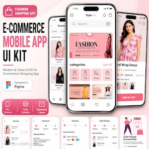 May include: A mobile app UI kit for e-commerce, showcasing a fashion shopping app interface. The design includes screens for product listings, categories, and checkout. The app is designed in Figma and features a modern and clean design.
