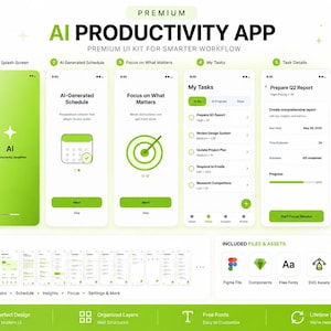 May include: A digital UI kit for an AI productivity app featuring 25 screens with a green and white color scheme. The display shows mobile app interfaces including a splash screen, task lists, and scheduling tools with text labels and icons.