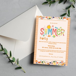 May include: A summer party invitation with the words "SUMMER Party" in colorful letters. The invitation includes the date, time, and venue. The invitation is decorated with a border of fruit and a white envelope.