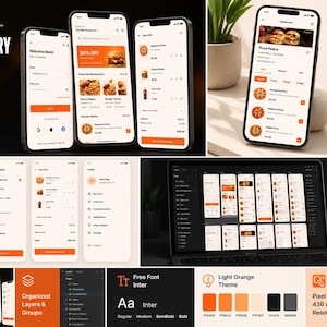 Pode incluir: Um kit de design digital para um aplicativo de entrega de comida, mostrando várias telas em smartphones e um laptop. A interface apresenta um tema laranja claro, com o texto "Foodie" e "Food Delivery App UI Kit". O kit inclui 22 telas premium.