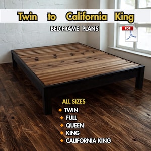 DIY bedframe plannen pdf – houten platform beddenplan voor twin, full, queen, king, California King, boerderij afdrukbare houtbewerkingsblauwdrukken