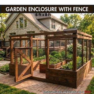 Planos de bricolaje para cerramiento de jardín de 6x8: cerca de jardín elevada con puerta, protección de malla de alambre, diagramas de planos de carpintería imprimibles en PDF