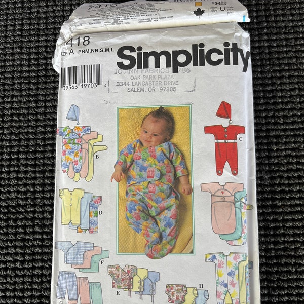 Vintage Simplicity 7418 Baby Preemie Layette Sewing Pattern Bunting Overalls Hat Diaper Cover UNCUT