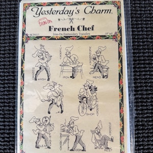 Vintage Yesterday&#39;s Charm French Chef Iron On Embroidery Transfers Pattern Days of the week