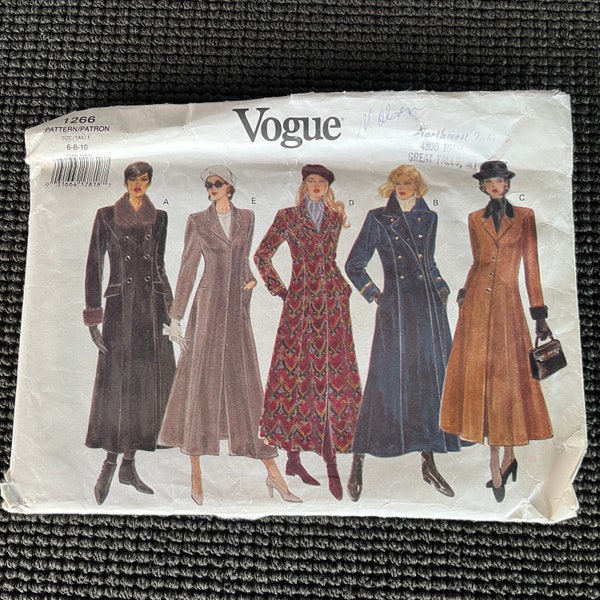 Vintage Vogue 1266 Misses Semi Fitted Coat Sewing Pattern Size 6-10 UNCUT