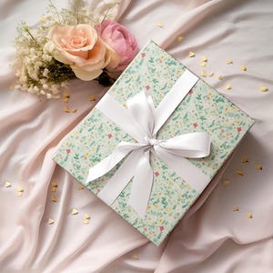 Green wildflower wrapping paper, floral gift wrap for spring birthday, eco nature paper for Mother Day, rustic wedding or garden party