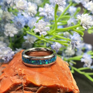 Teal Opal Ring- Tungsten Band, 6mm Width, Glow in the dark