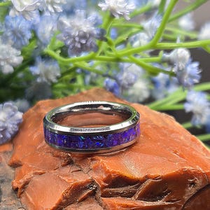 Lavender Opal Ring- Tungsten Band, 6mm Width, Glow in the dark