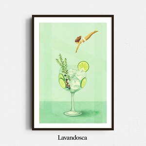 Gin Tonic Art Print – HQ – Letni koktajl ścienny – Miętowo-zielony estetyczny PNG – Plakat z drinkiem Pool Vibes – Fantastyczne pobieranie cyfrowe