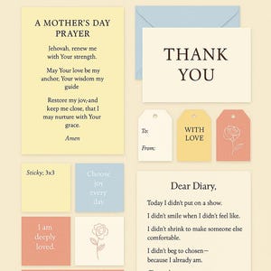 Conjunto de presentes para impressão para o Dia das Mães – Diário de oração com base na fé, adesivos, notas de afirmação, cartões e etiquetas #paraimprimir #DiaDasMães #conjuntodepresente