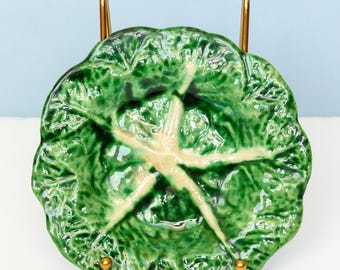 Vintage Majolica Green Cabbage Leaf Plate - Portuguese Majolica Pottery