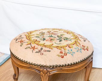 Vintage Round Wooden Footstool with Pink Floral Needlepoint | Belgium Furniture