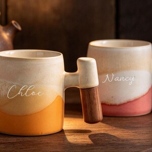 Personalized Two-Tone Ceramic Espresso Cup, Modern Mini Coffee Mug, Wooden Handle Tea Cup