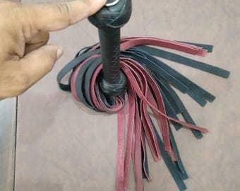 Handmade Leather Flogger with 30 Tails, Black and Maroon Whip