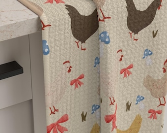 Handmade Farm Chickens Microfiber Tea Towel | Rustic Chicken Pattern