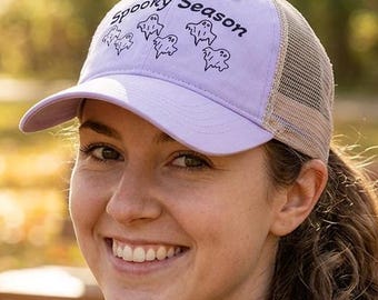 Spooky Season Ghost Embroidered Ponytail Cap, Washed Trucker Hat, Fall Baseball Style