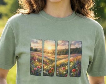 Wildflower Meadow Landscape Shirt, Vintage Cottagecore Floral Field Tee