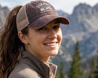 Hiking Hat with Ponytail Opening, Washed Mesh Back Cap, Outdoorsy Mom Hat, Camping Adventure Cap, Breathable Snapback