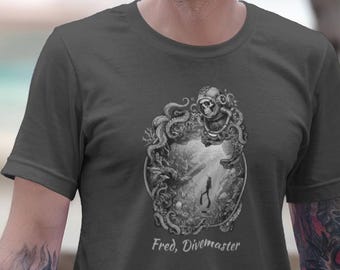 Personalize Black & Grey Skeleton Diver T-Shirt - Monochrome Deep Sea Art Tee - Vintage Diver Shirt