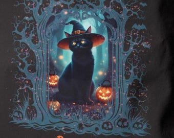 May include: Black tote bag featuring a black cat wearing a witch hat, set against a spooky forest backdrop with pumpkins. The name "Braylon" is printed in orange. The bag has black handles.