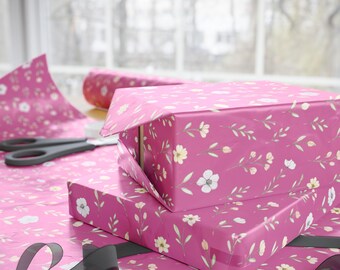 Papel de regalo con estampado floral rosa / Rollo de papel de regalo con flores y hojas blancas