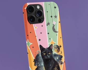 Personalized Cosmic Black Cat Phone Case: Galaxy Art, Astrology Gift