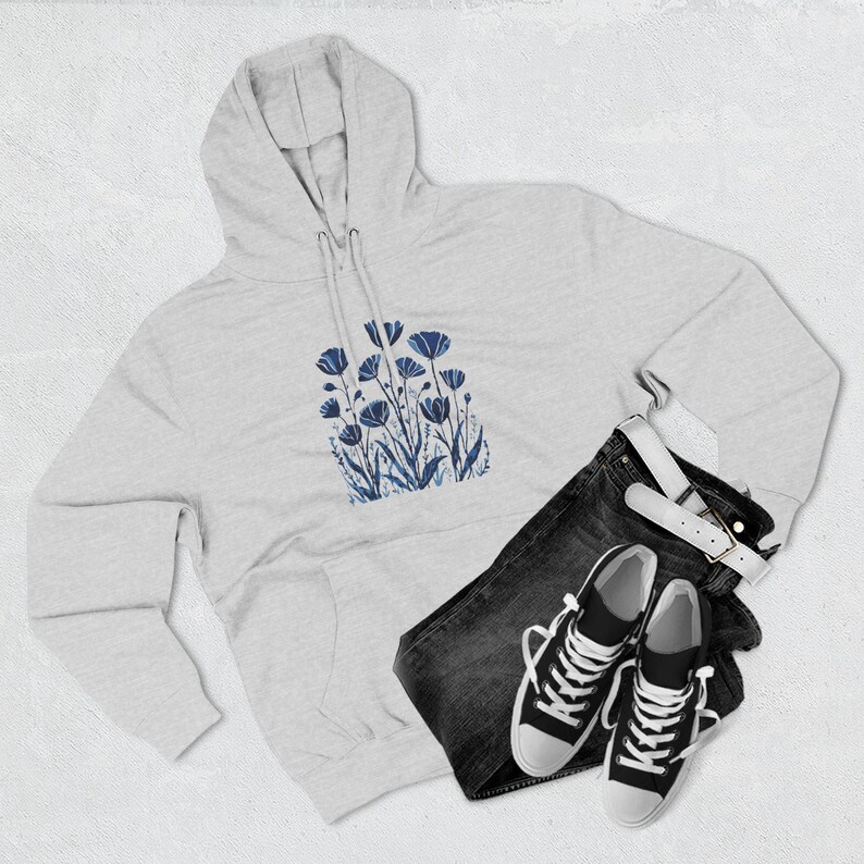 Monochrome Floral Fleece Hoodie | Cozy Unisex Pullover | Nature-Inspired Sweatshirt | Soft Casual Gift Under 25 image 3