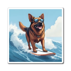 German Shepherd Surfing Dog Magnet - Fun Fridge Decor, Dog Lover Gift, Beach Vibes, Summer Decor, Pet Owner Gift