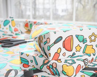 Colorful Baking Icons Wrapping Paper | Kitchen Pattern Gift Wrap
